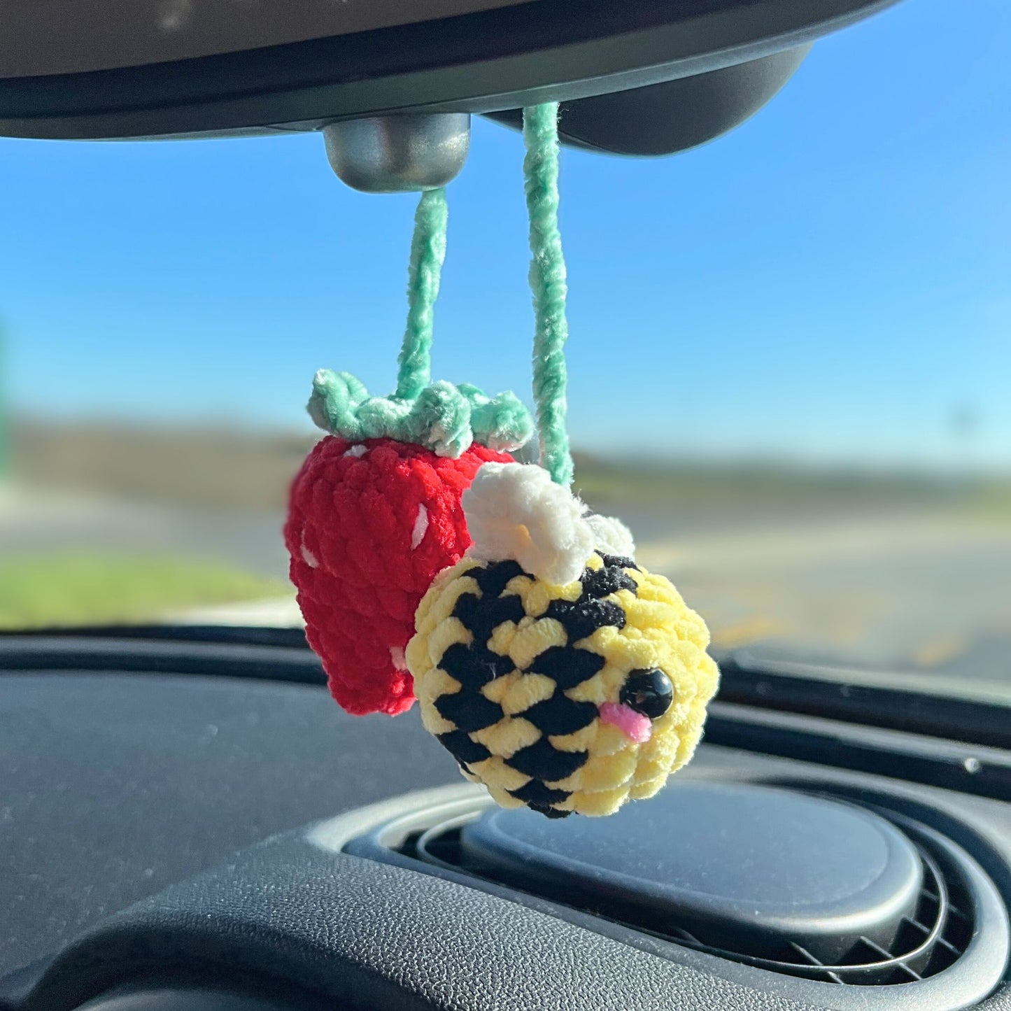 Crochet Bee & Strawberry Car Mirror Decoration