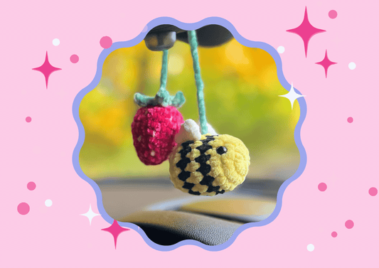 Crocheted Bee & Strawberry Car Mirror Decoration