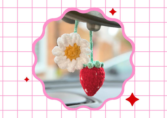 Crochet Strawberry & Daisy Car Mirror Decoration