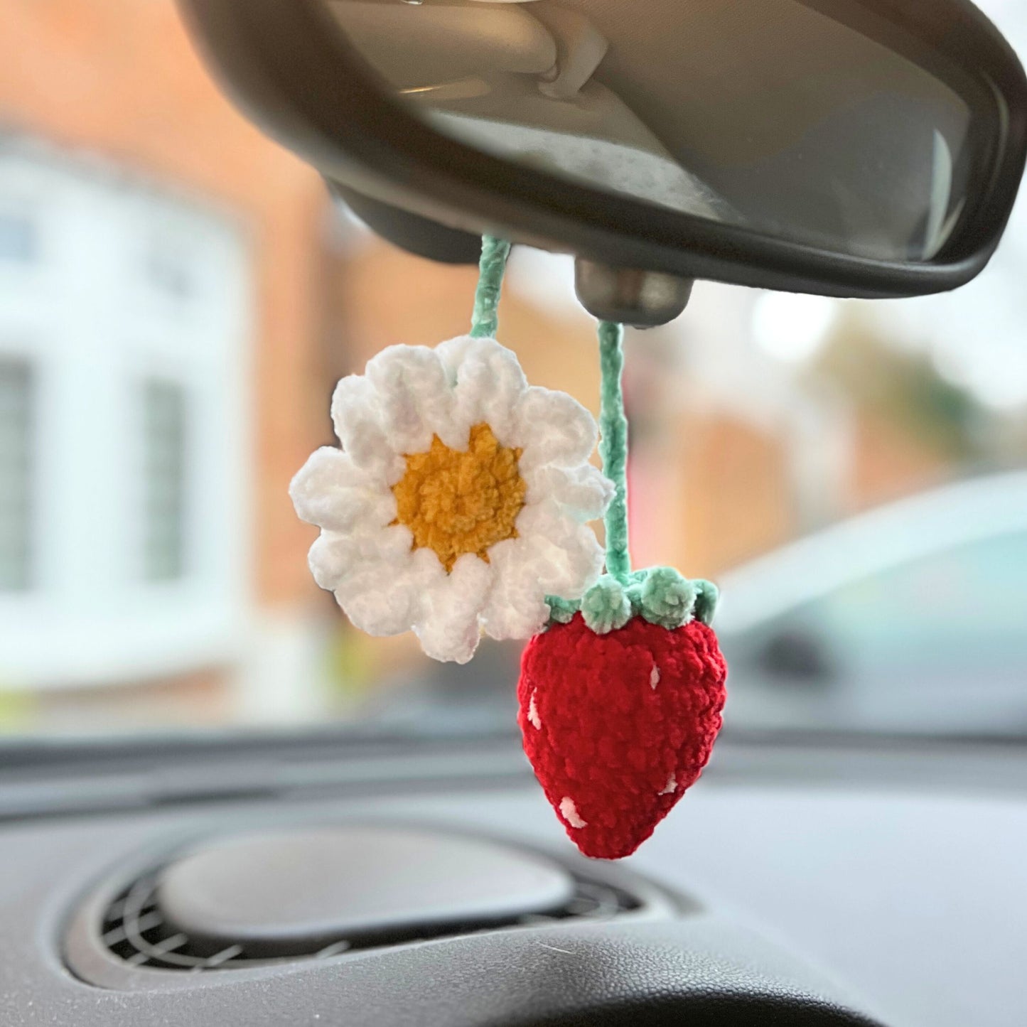 Crochet Strawberry & Daisy Car Mirror Decoration