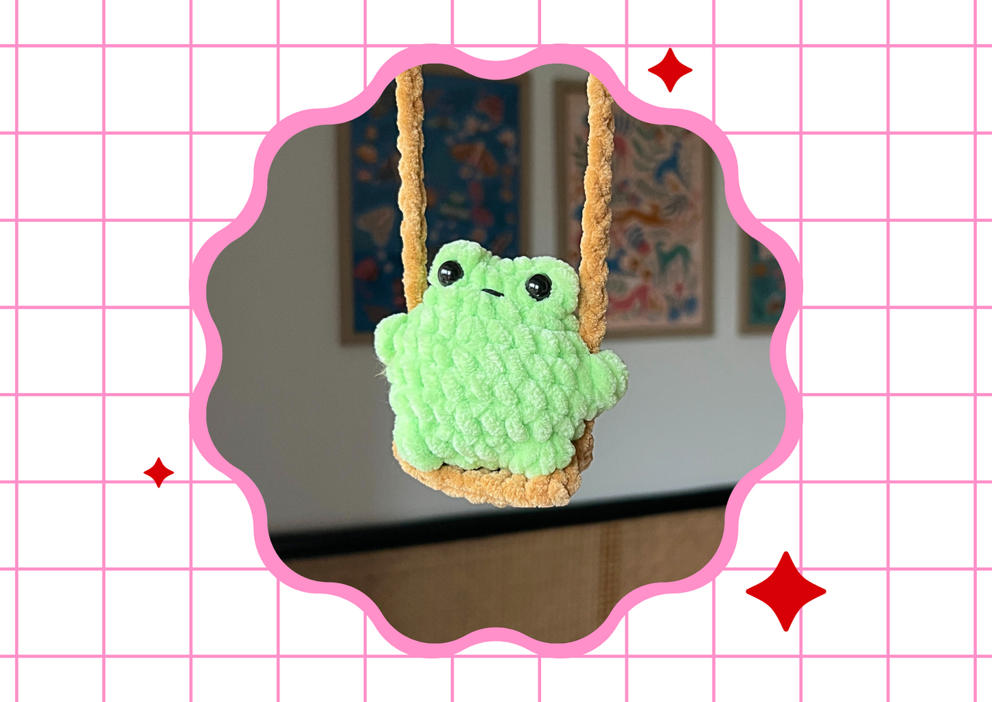 Crochet Frog on a Swing Car Charm