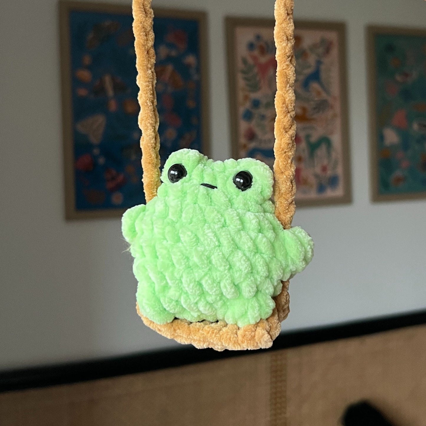 Crochet Frog on a Swing Car Charm