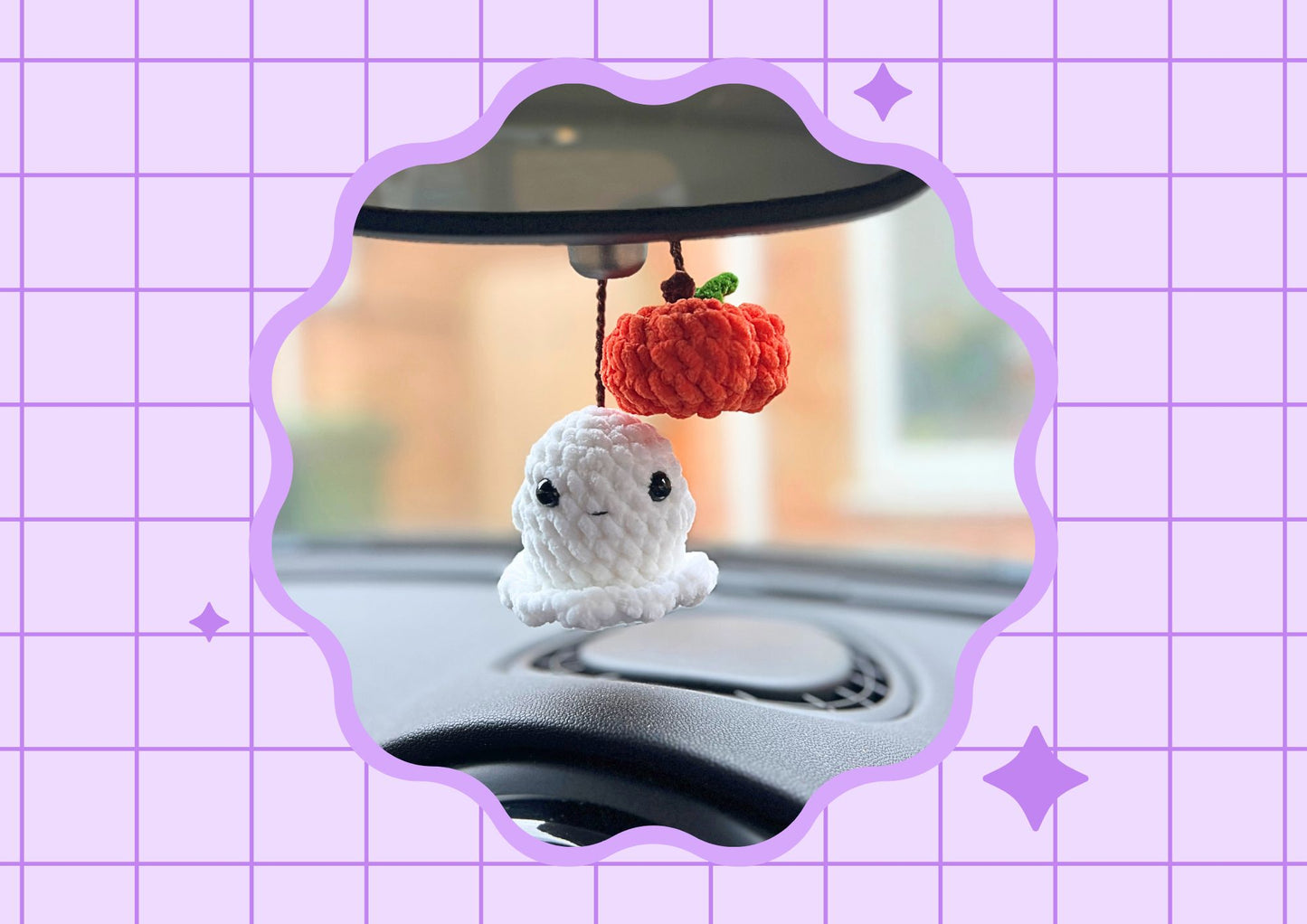 Crochet Ghost & Pumpkin Car Mirror Decoration