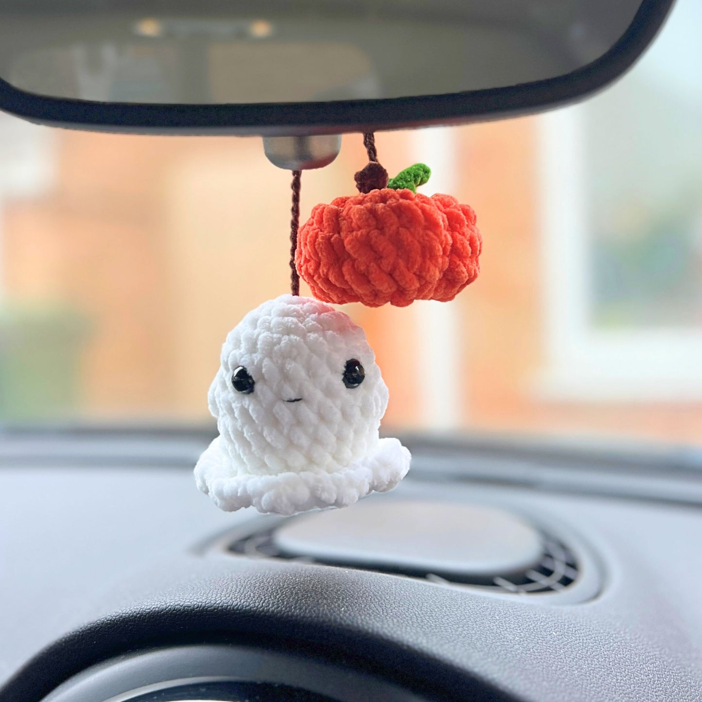 Crochet Ghost & Pumpkin Car Mirror Decoration