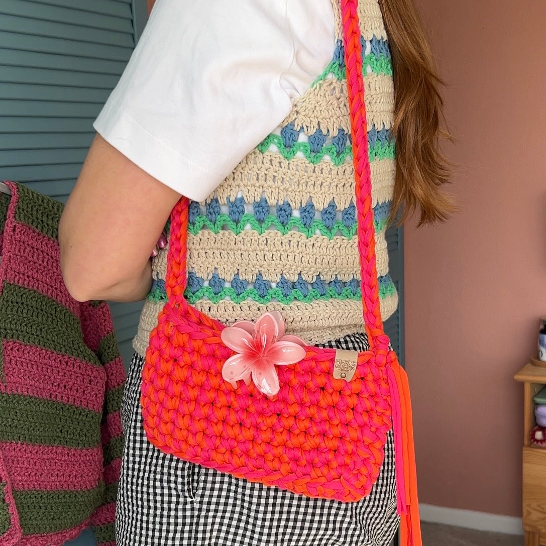 Orange & Pink Recycled T-Shirt Bag with Hair Clip