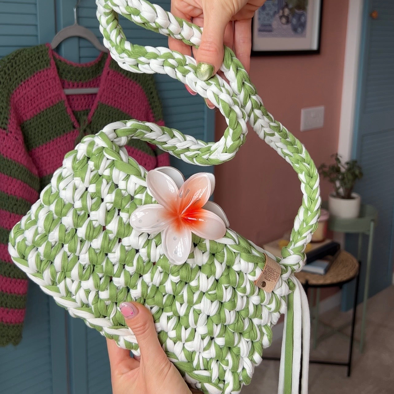 Green & White Recycled T-Shirt Bag with Hair Clip