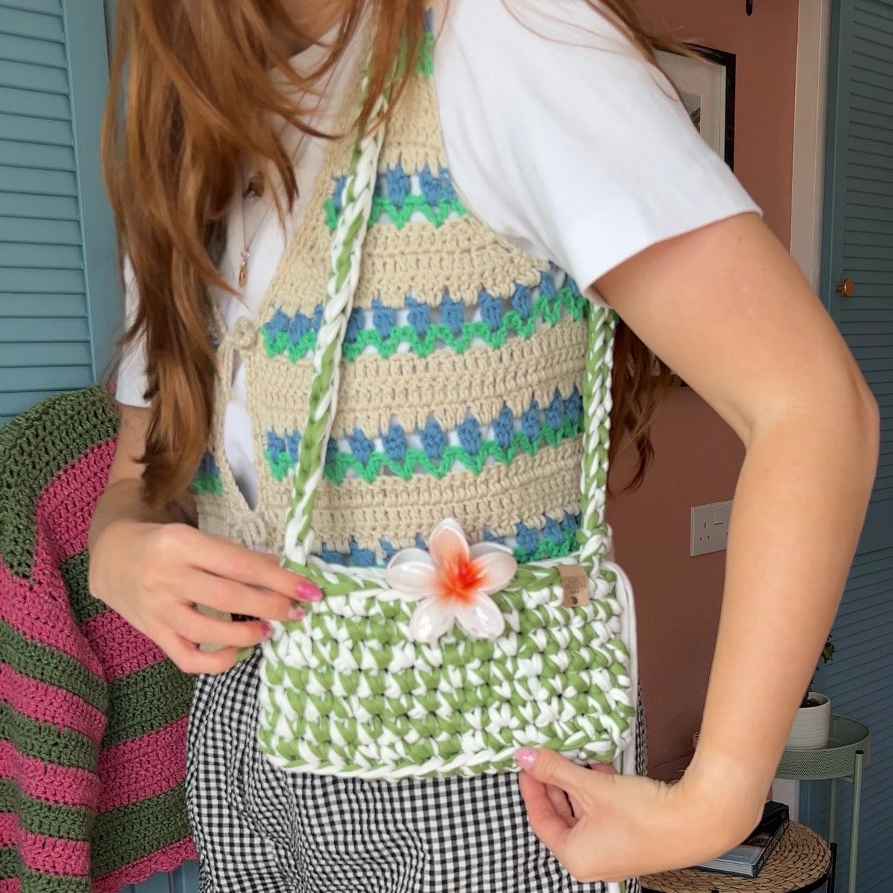 Green & White Recycled T-Shirt Bag with Hair Clip