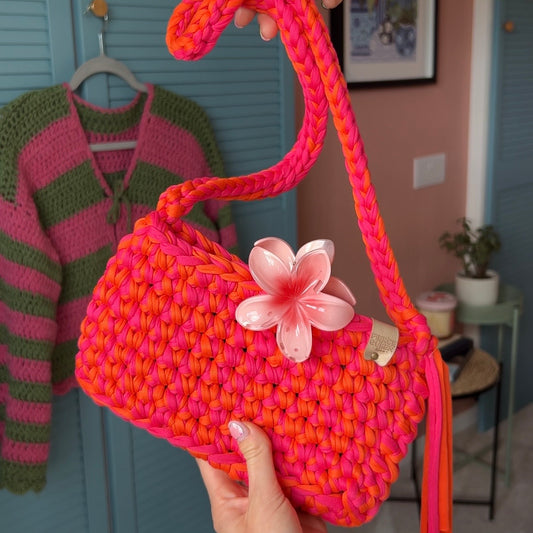 Orange & Pink Recycled T-Shirt Bag with Hair Clip