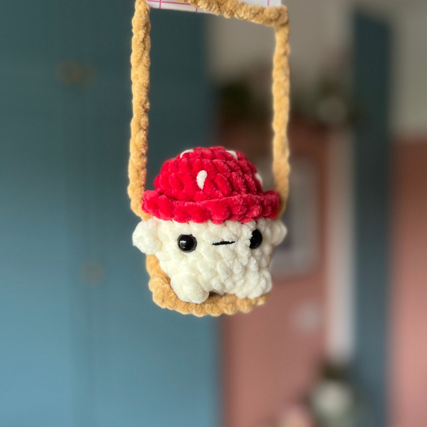 Crochet Mushroom on a Swing Car Charm