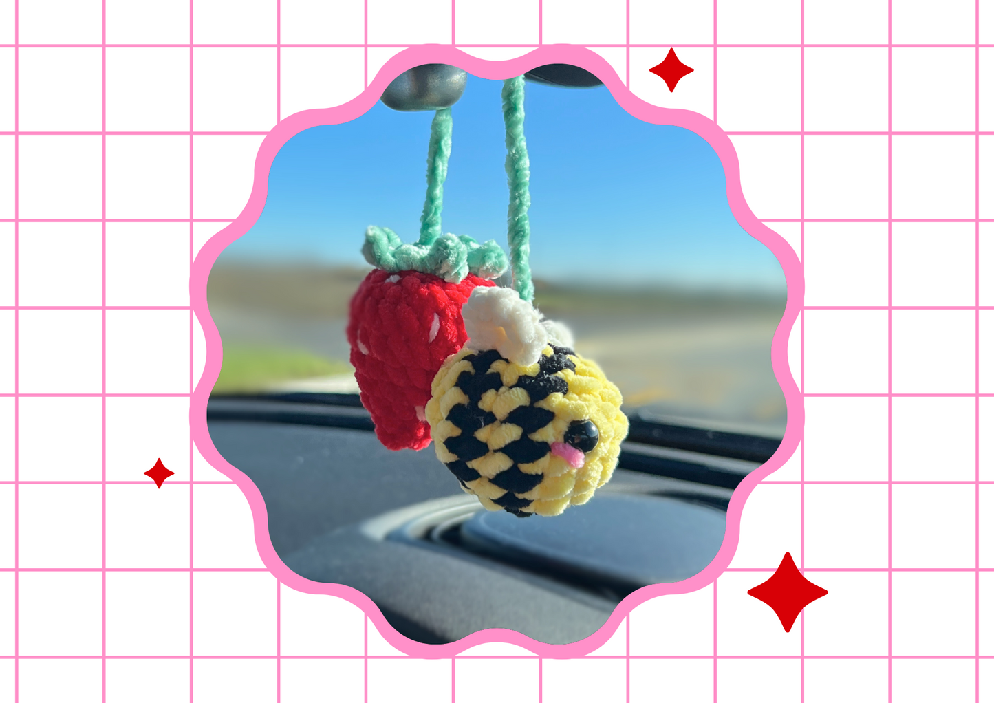 Crochet Bee & Strawberry Car Mirror Decoration